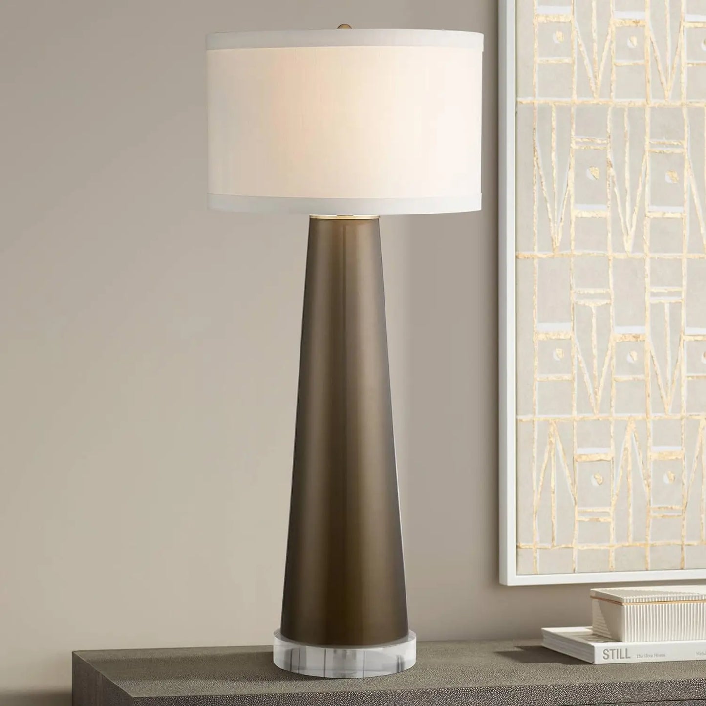 KM Table Lamp 36" Tall Dark Gold Tapered Glass Off White Drum Shade Living Room Bedroom