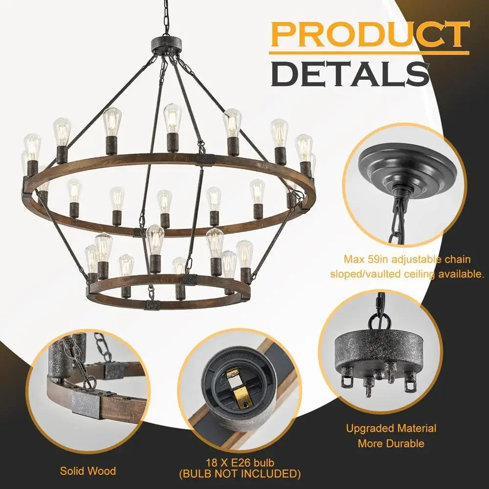 Chandelier Farmhouse Wagon Wheel Rustic Wood 2-Tier