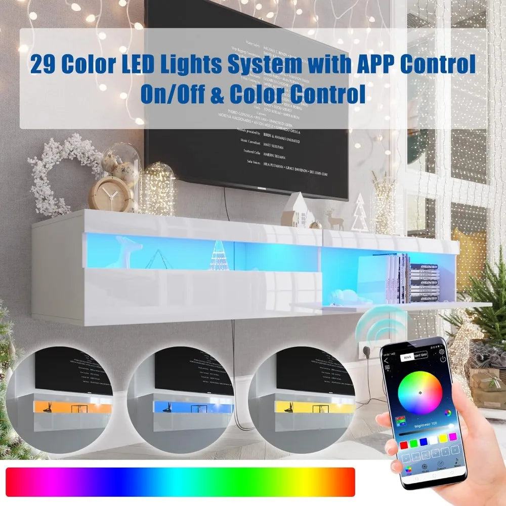 Floating TV, LEDs, Wall Mounted Shelf Storage