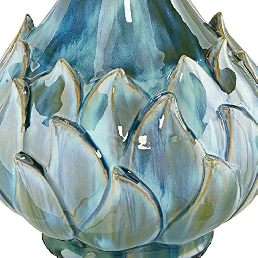 Tall Table Lamp, Blue Green, Reactive Glaze Ceramic, Beige Linen Drum Shade