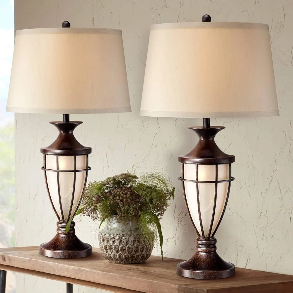Table Lamp, Glass, Iron Cage, Drum Shade