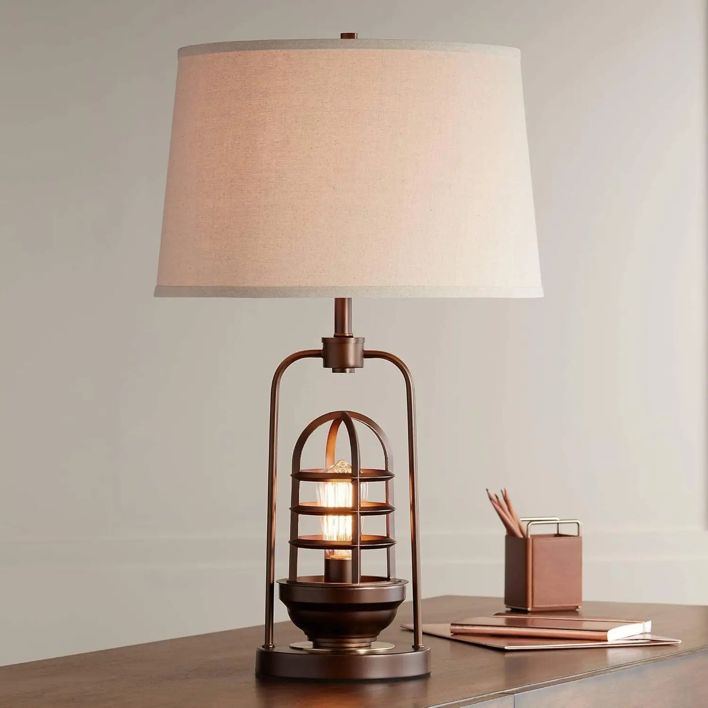 Table Lamp, Bronze Metal Glass, Drum Shade