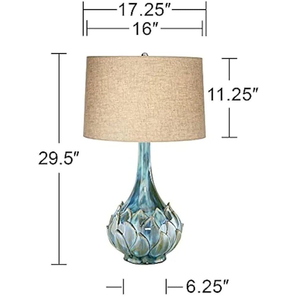 Tall Table Lamp, Blue Green, Reactive Glaze Ceramic, Beige Linen Drum Shade