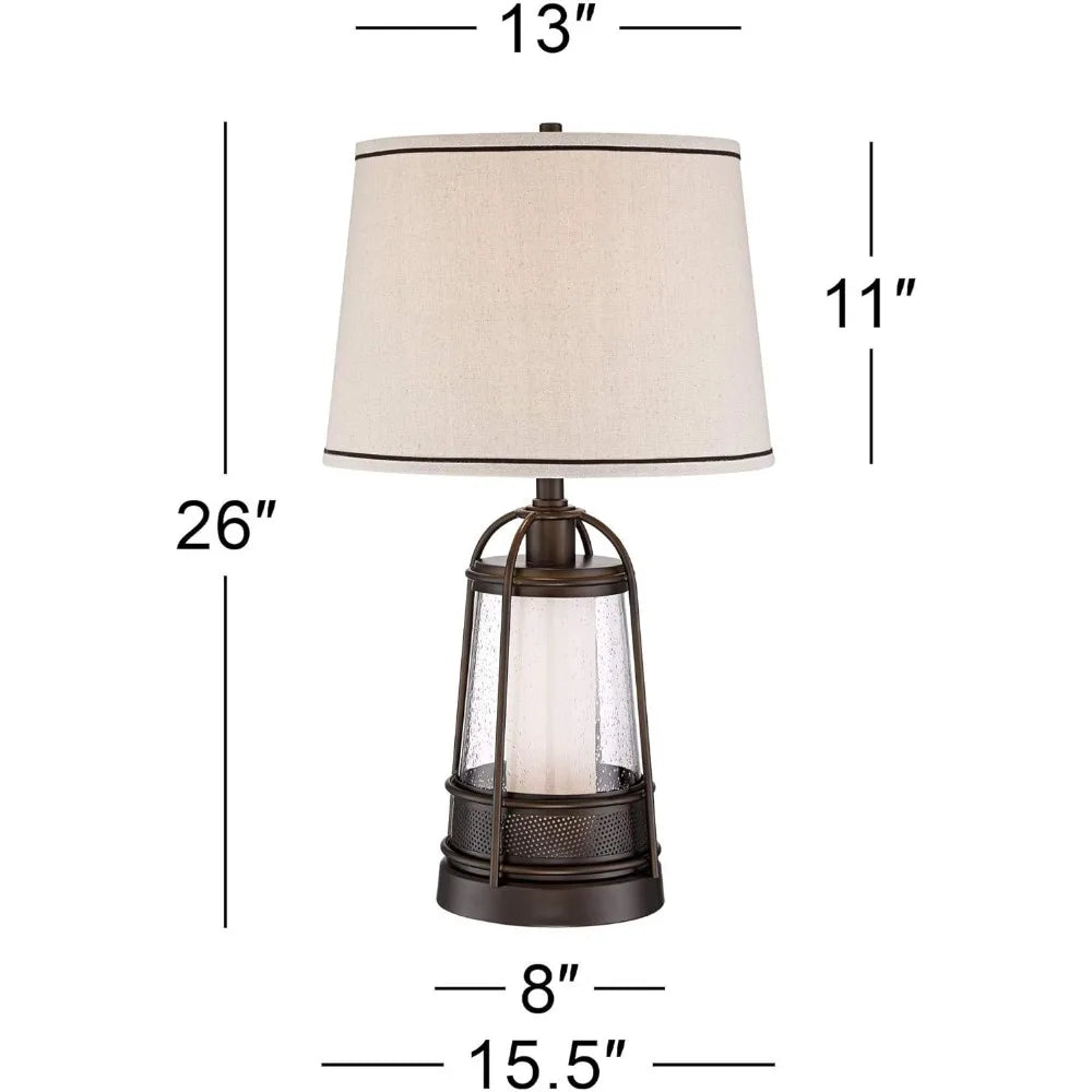 Table Lamp, Bronze Metal Glass, Drum Shade