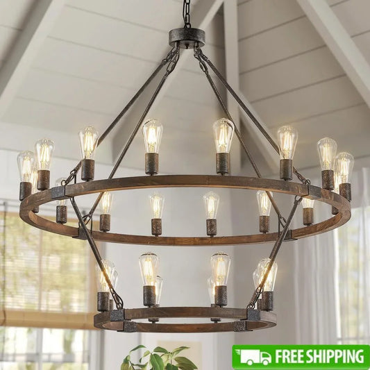 Chandelier Farmhouse Wagon Wheel Rustic Wood 2-Tier