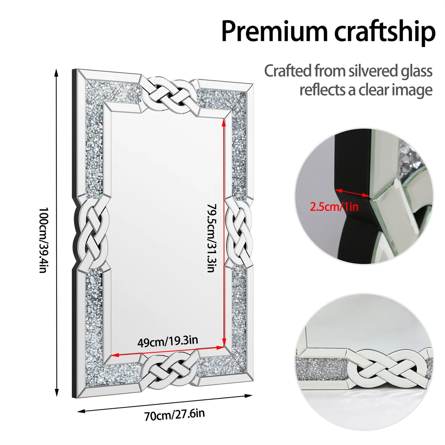 Large Wall Mirror Crush Diamond Silver Sparkly