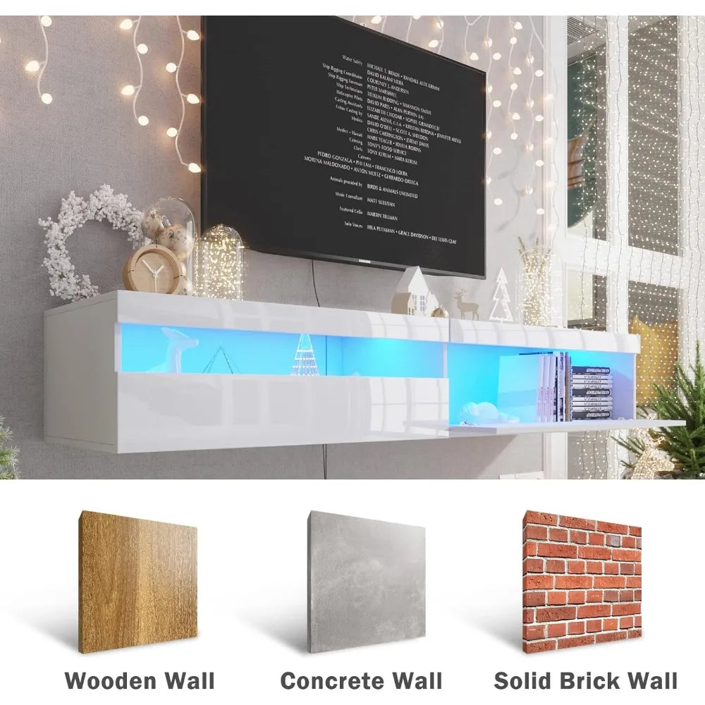 Floating TV, LEDs, Wall Mounted Shelf Storage