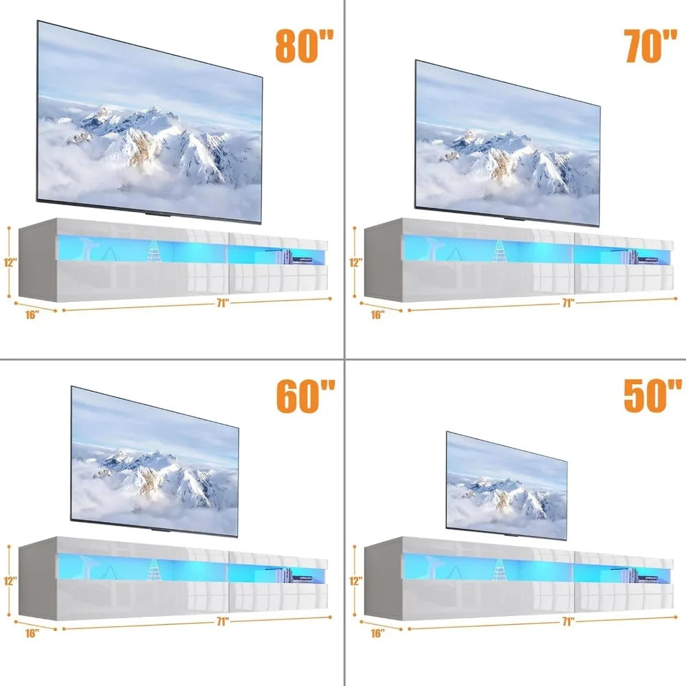 Floating TV, LEDs, Wall Mounted Shelf Storage