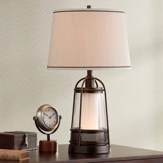 Table Lamp, Bronze Metal Glass, Drum Shade