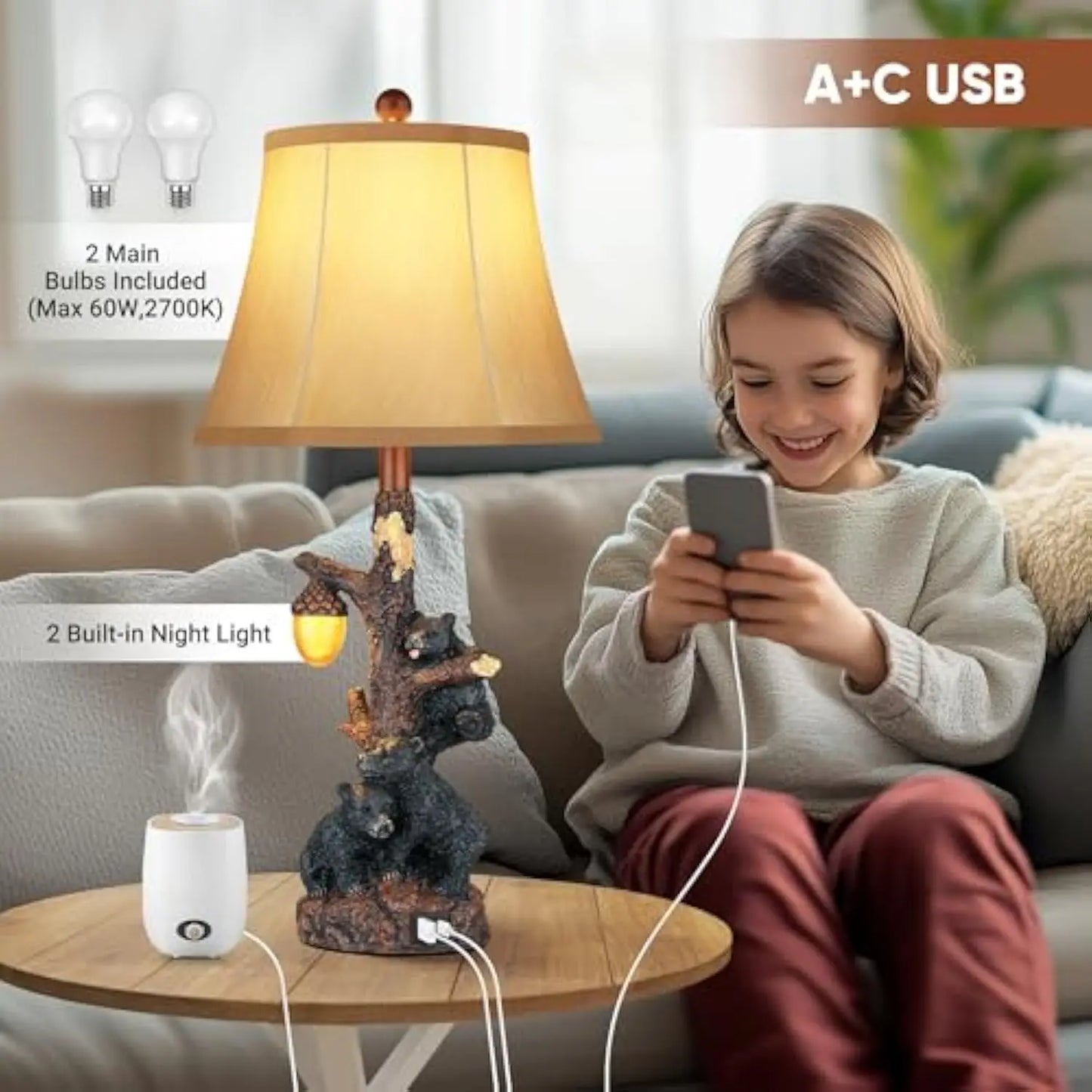 Two Bear Bedside Lamps Nightlight USB Cottage