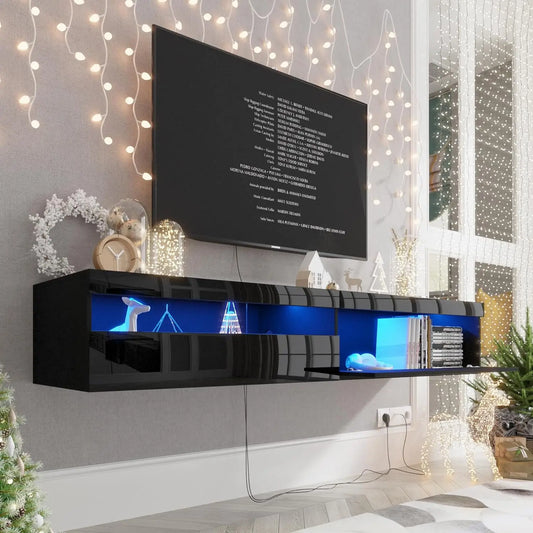 Floating TV, LEDs, Wall Mounted Shelf Storage