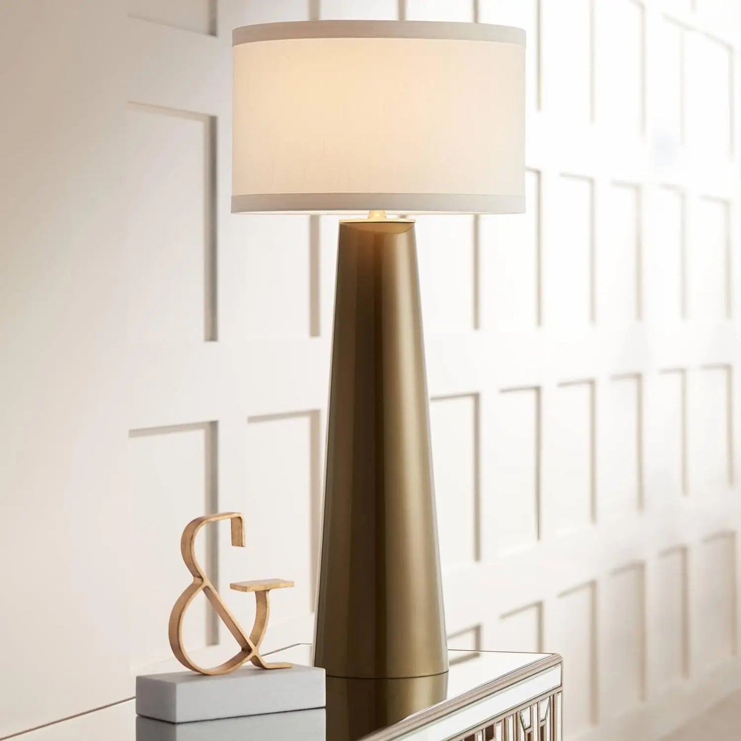 KM Table Lamp 36" Tall Dark Gold Tapered Glass Off White Drum Shade Living Room Bedroom
