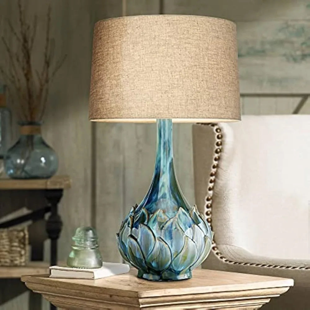 Tall Table Lamp, Blue Green, Reactive Glaze Ceramic, Beige Linen Drum Shade