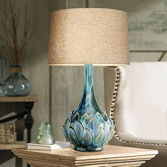 Tall Table Lamp, Blue Green, Reactive Glaze Ceramic, Beige Linen Drum Shade