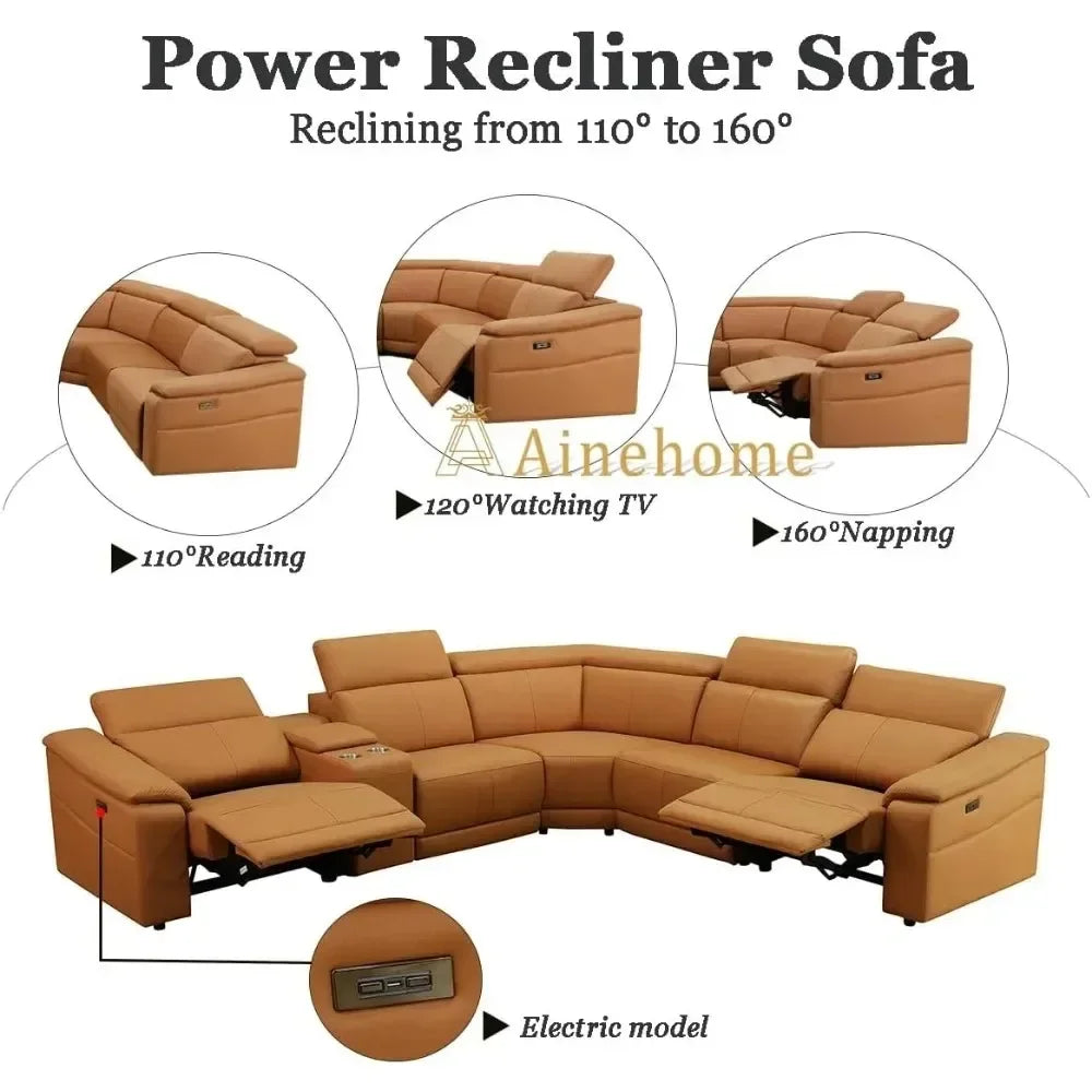 Power Recliner Sofa, Sectional, USBs, Leather, Console