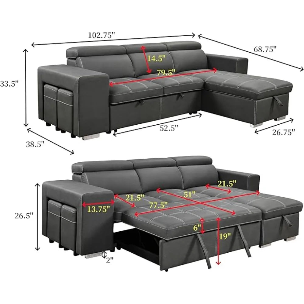 Sofa Sectional Sleeper Pullout Bed Storage Chaise