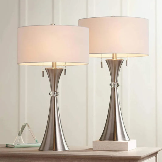 Table Lamps, Hourglass Silver Metal, Drum Shade