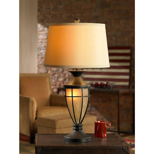 Table Lamp, Glass, Iron Cage, Drum Shade