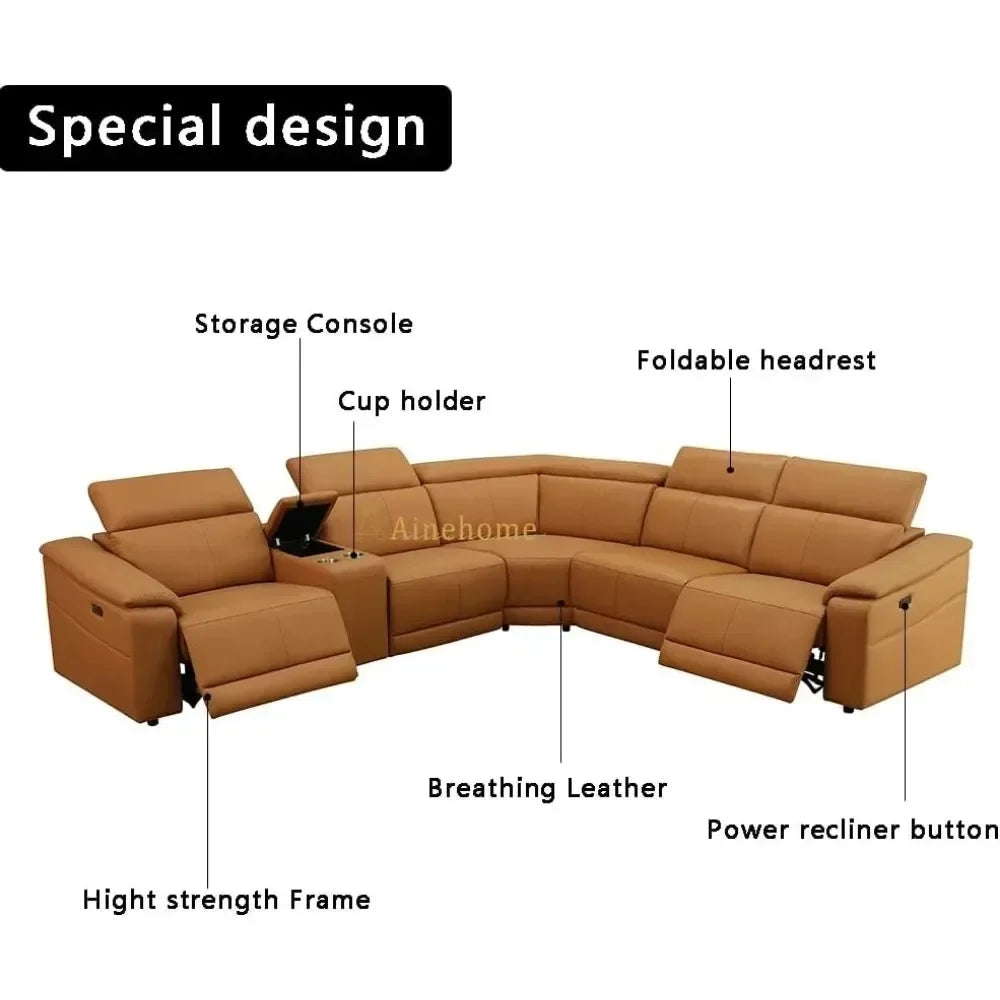 Power Recliner Sofa, Sectional, USBs, Leather, Console