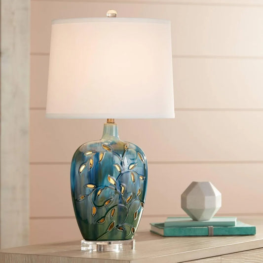 Cottage Table Lamp, Ceramic Blue, Handcrafted Oval