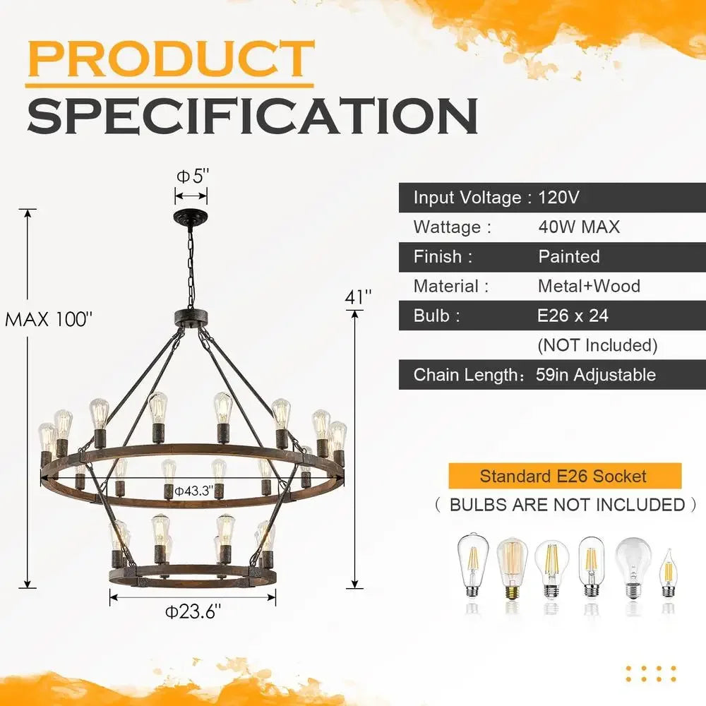 Chandelier Farmhouse Wagon Wheel Rustic Wood 2-Tier