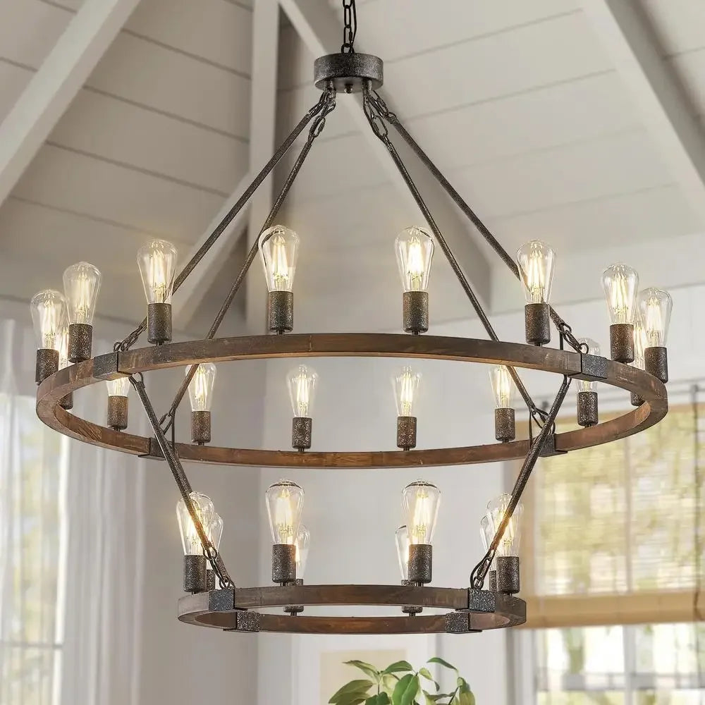 Chandelier Farmhouse Wagon Wheel Rustic Wood 2-Tier
