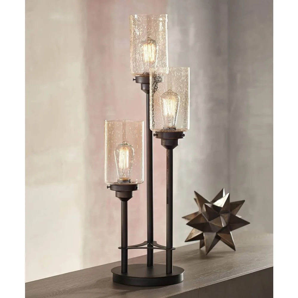 3-Tiered Table Lamp, Bronze Metal, Amber Glass